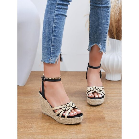 Sicare Open Toe Wedge Raffia Black Women Espadrilles Braided Strappy Sandal - Picture 7 of 10